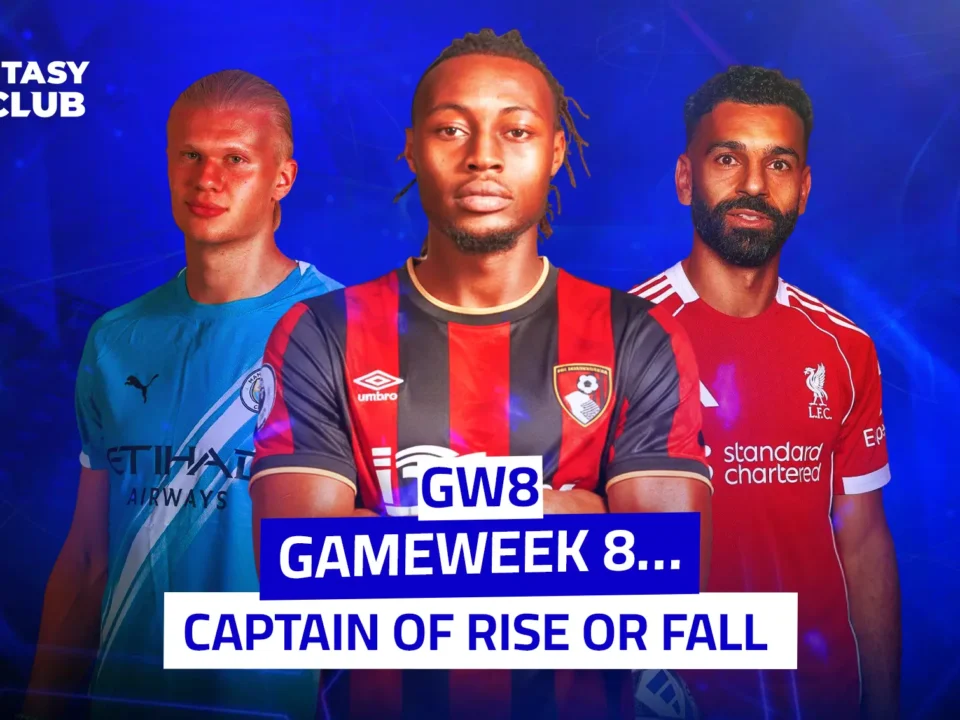 Gameweek 8 Fantasy Football captaincy debate featuring Haaland, Solanke, and Salah. Title: Captain of Rise or Fall.