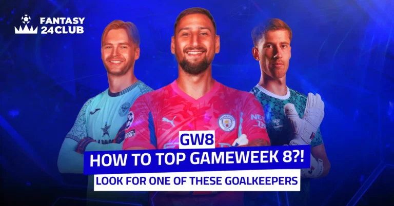 The image features three goalkeepers wearing their club jerseys, accompanied by Arabic text that reads: “How will you top Gameweek 8?! Look for one of these goalkeepers.”