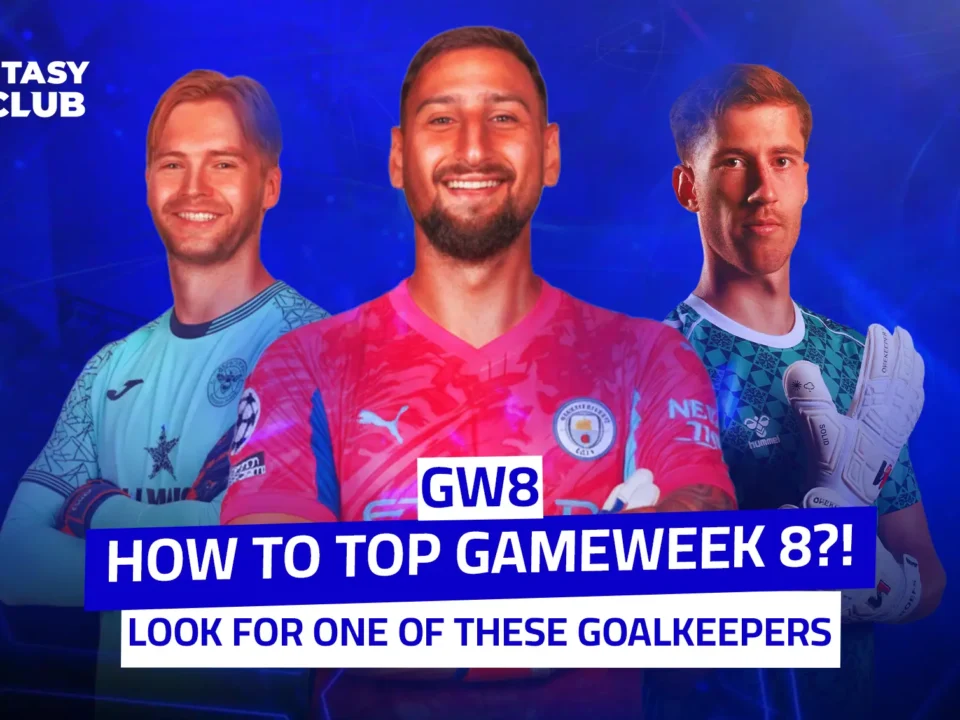 The image features three goalkeepers wearing their club jerseys, accompanied by Arabic text that reads: “How will you top Gameweek 8?! Look for one of these goalkeepers.”