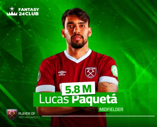 لوكاس باكيتا، لاعب وسط وست هام يونايتد بقيمة 5.8 مليون في فانتسي 24 كلوب، يظهر بقميص الفريق الأحمر وخلفية خضراء احترافية.