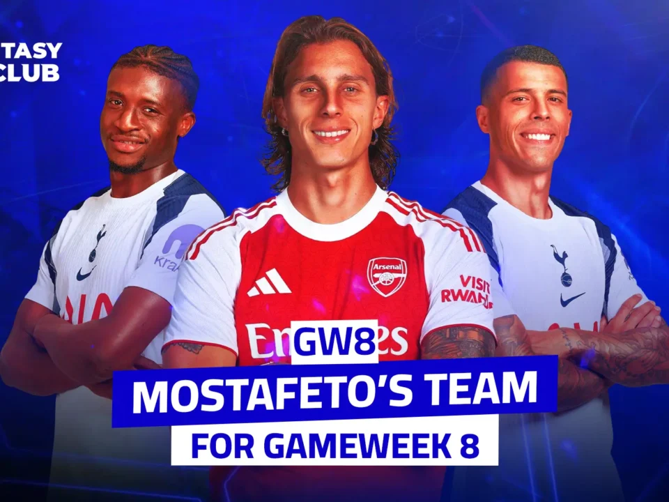 This image is an announcement for the “Mostafeto” team in Fantasy 24 Club for Gameweek 8. It features three players in their club kits: two wearing Tottenham shirts and one in an Arsenal shirt.