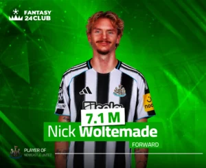 صورة للاعب نيك فولتميد بقميص نيوكاسل يونايتد. يتم عرضه في سياق لعبة Fantasy بسعر 7.1 مليون ومركزه مهاجم.