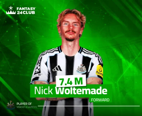 الصورة تعرض اللاعب نيك وولتيماد (Nick Woltemade) مهاجم نيوكاسل يونايتد، بسعر 7.4 مليون، وهو أحد الخيارات البديلة والمغامرة ككابتن أو مهاجم للجولة التاسعة.
