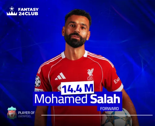 تظهر صورة للنجم محمد صلاح، مرشح للكابتن، مرتدياً قميص ليفربول الأحمر. النص يوضح سعره "14.4 M"، واسمه "Mohamed Salah"، ومركزه "FORWARD".