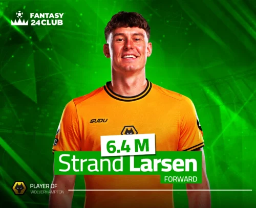 الصورة تعرض اللاعب ستراند لارسن (Strand Larsen) مهاجم ولفرهامبتون، بسعر 6.4 مليون، وهو خيار "مفاجأة" اقتصادي محتمل كمهاجم أو كابتن مغامر في الجولة التاسعة.