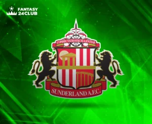 شعار نادي سندرلاند لكرة القدم (Sunderland A.F.C.)، يتميز بدرع مقلّم باللونين الأحمر والأبيض ومحاط بأسدين، على خلفية رقمية خضراء لامعة، ومُرفق بشعار "فانتاسي 24 كلوب