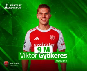صورة للاعب فيكتور جيوكيريس بقميص آرسنال. يظهر في سياق لعبة فانتازي كرة القدم بسعر 9 مليون ومركزه مهاجم.