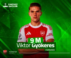 فيكتور جيوكيريس، مهاجم آرسنال بسعر 9M في Fantasy 24 Club، خيار كابتن أو بديل عالي العائد على خلفية خضراء ديناميكية.