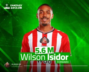صورة للاعب ويلسون إيزيدور بقميص سندرلاند. يظهر في سياق لعبة فانتازي كرة القدم، بسعر 5.6 مليون ومركزه مهاجم.