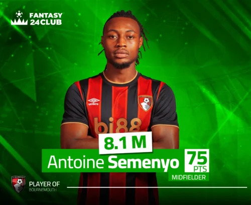 صورة للاعب أنطوان سيمينيو من بورنموث، مرتديًا القميص الأسود والأحمر، وتُظهر الأرقام قيمته في فانتازي الدوري الإنجليزي بـ8.1 مليون ونقاطه البالغة 75، وهو يلعب في مركز خط الوسط (Midfielder).
