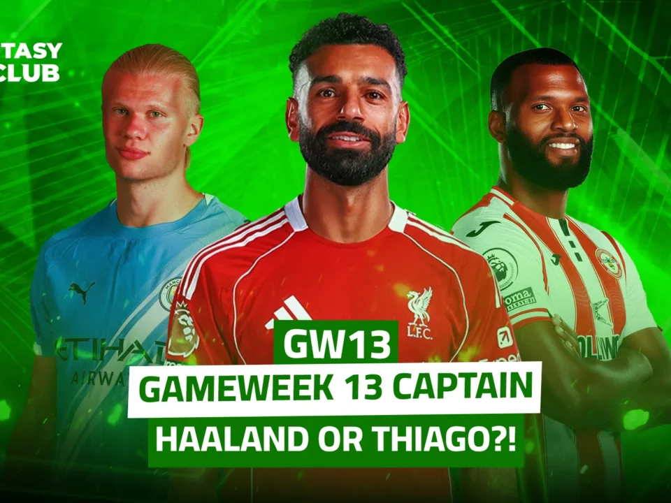 An image featuring Mohamed Salah in the center, Erling Haaland on his right, and Thiago on his left, with the Fantasy 24 Club logo and a green background. The text reads: “Gameweek 13 Captain – Haaland or Thiago?”
