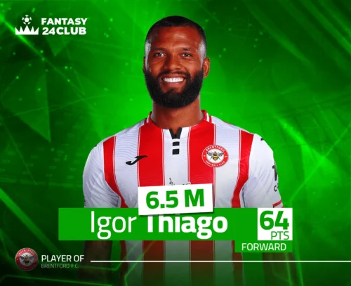 إيغور تياجو بقميص برينتفورد الأبيض والأحمر المخطط، مهاجم الفريق، بقيمة 6.5 مليون ونقاط 64 في فانتازي الدوري الإنجليزي.