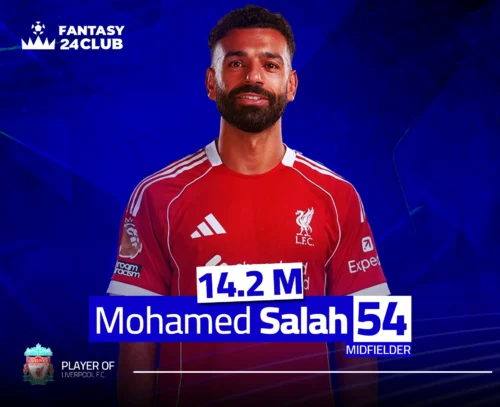 صورة ترويجية للاعب ليفربول، محمد صلاح، يُعتبر أفضل كابتن للجولة 12 في الفانتازي، ببيانات $14.2\ M$ و $54$ نقطة، ومركز لاعب وسط.