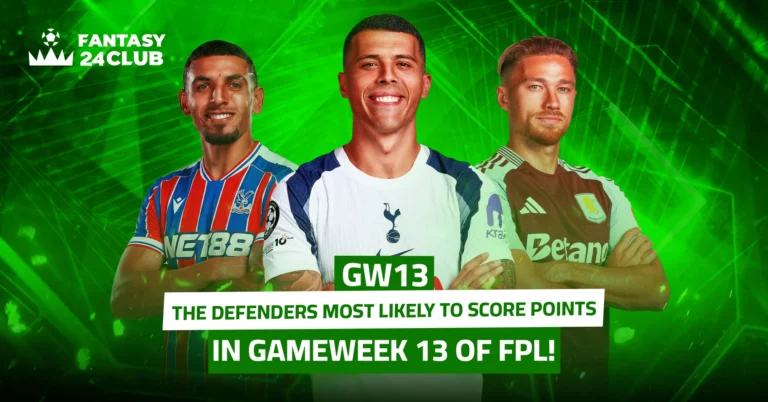 An image with a green background featuring Boro, Cash, and Munioz as the defenders most likely to score points in Gameweek 13 (GW13) of Fantasy Premier League.