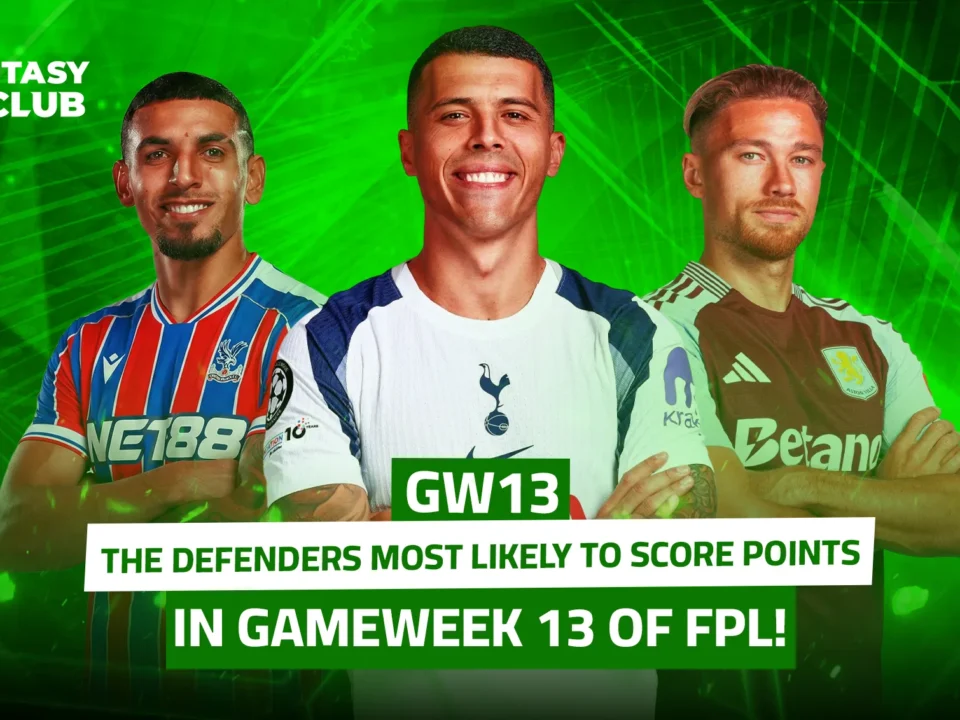 An image with a green background featuring Boro, Cash, and Munioz as the defenders most likely to score points in Gameweek 13 (GW13) of Fantasy Premier League.