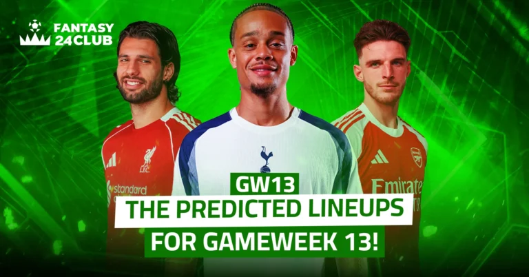 The image features three stars in their club kits: Jota (Liverpool), Johnson (Tottenham), and Rice (Arsenal). The promotional poster for Fantasy Premier League displays the “FANTASY 24 CLUB” logo with the text: “Expected Lineups for Gameweek 13!” against a bright green background.