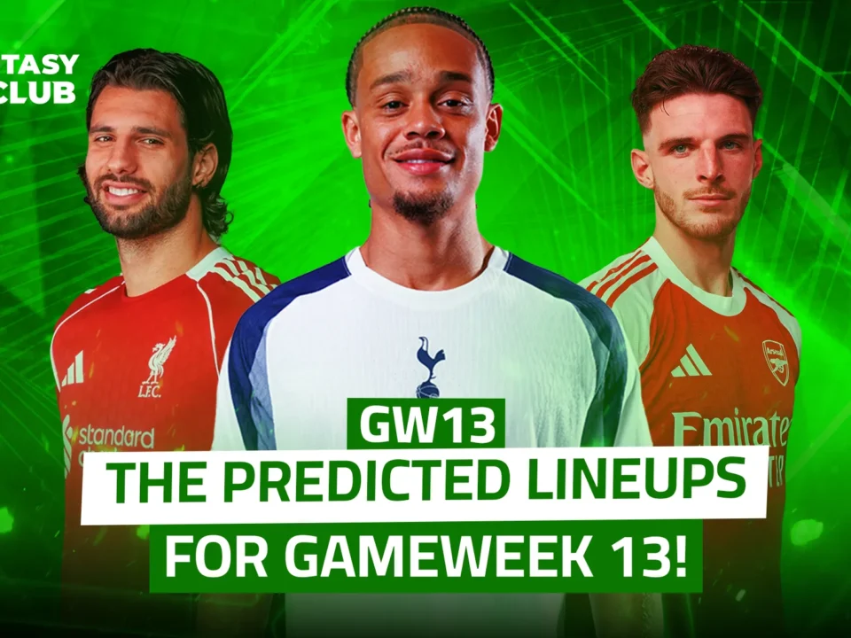 The image features three stars in their club kits: Jota (Liverpool), Johnson (Tottenham), and Rice (Arsenal). The promotional poster for Fantasy Premier League displays the “FANTASY 24 CLUB” logo with the text: “Expected Lineups for Gameweek 13!” against a bright green background.