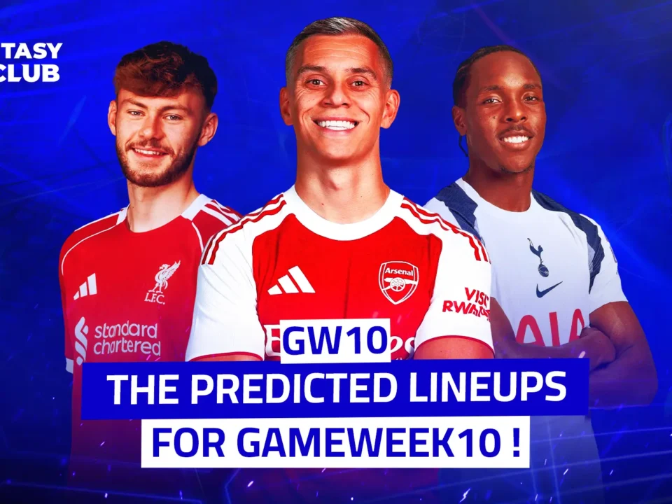 Three players from Liverpool, Arsenal, and Tottenham stand against a blue background with the Fantasy 24 Club logo, accompanied by the text: “Predicted Lineups for Gameweek 10 – GW10.”