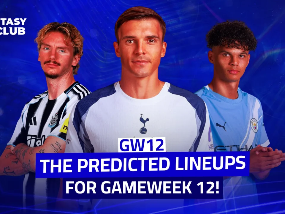 Promotional blue-themed image for "Fantasy 24 Club" featuring three football players: the first in a Newcastle jersey, the second in a Tottenham jersey, and the third in a Manchester City jersey, with the text at the bottom: "Expected Lineups for Gameweek 12! GW12".