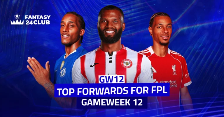 Image of three prominent football strikers, with the $\text{Fantasy 24 Club}$ logo and the words 'Top Fantasy Premier League Strikers – Gameweek 12'.