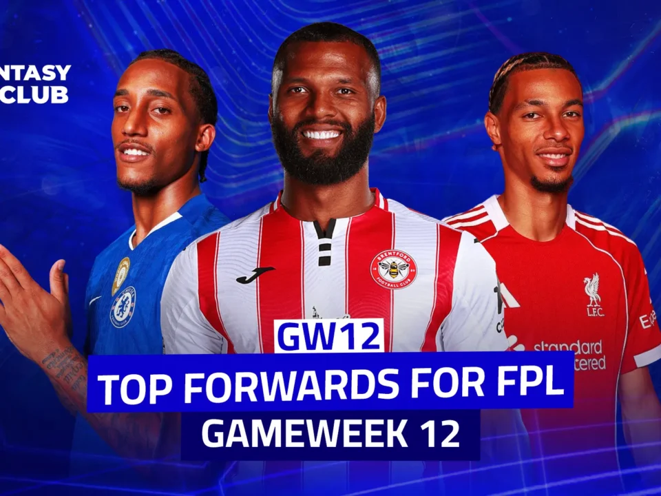 Image of three prominent football strikers, with the $\text{Fantasy 24 Club}$ logo and the words 'Top Fantasy Premier League Strikers – Gameweek 12'.