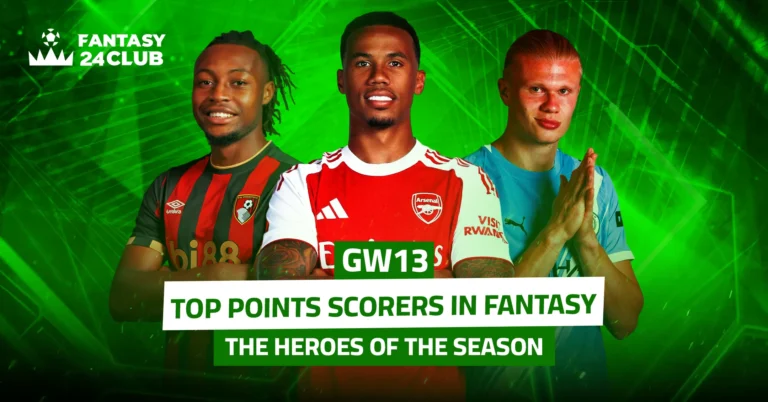 An image featuring three standout players: Dominic Solanke (Bournemouth), Gabriel Magalhães (Arsenal), and Erling Haaland (Manchester City). The image is titled: "Top Fantasy Point Scorers… Season Champions," highlighting the high points they’ve earned in Fantasy Premier League.