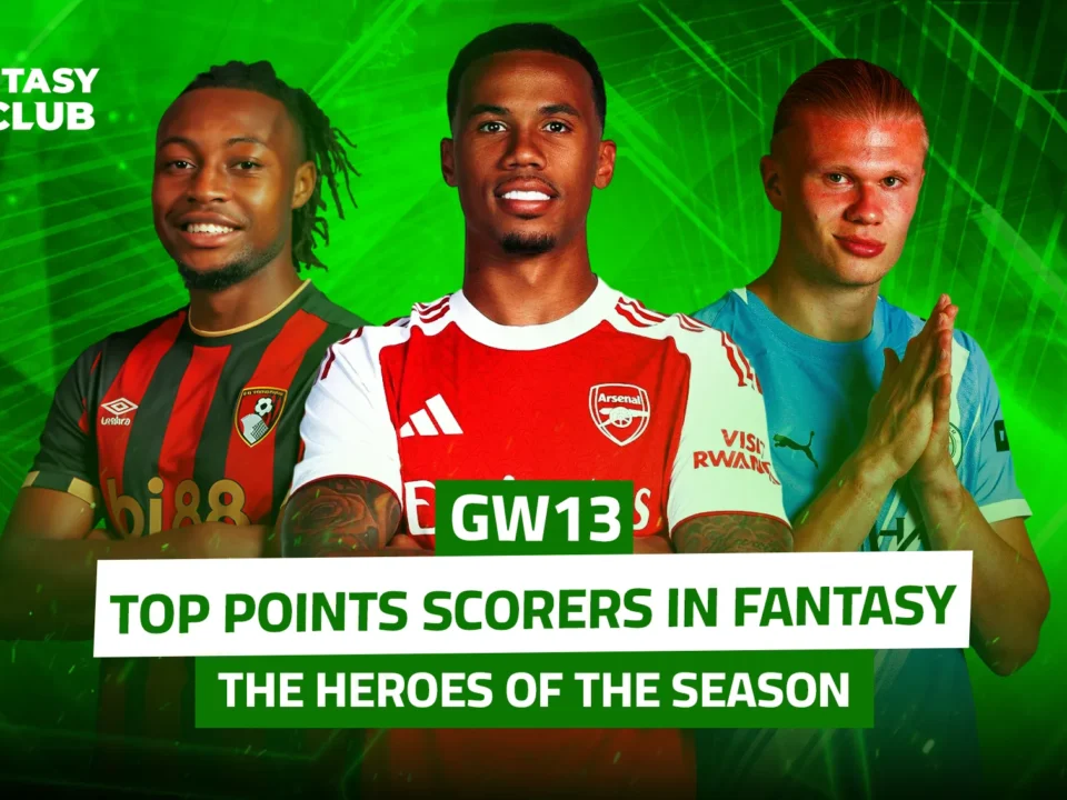 An image featuring three standout players: Dominic Solanke (Bournemouth), Gabriel Magalhães (Arsenal), and Erling Haaland (Manchester City). The image is titled: "Top Fantasy Point Scorers… Season Champions," highlighting the high points they’ve earned in Fantasy Premier League.