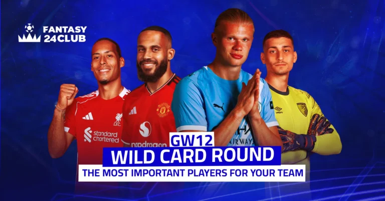 Image of four football players—Virgil van Dijk, Sofyan Amrabat, Erling Haaland, and Neto—highlighting the use of the Wild Card in Gameweek 12 for your Fantasy Premier League squad under the title “Top Picks for Your Team.”