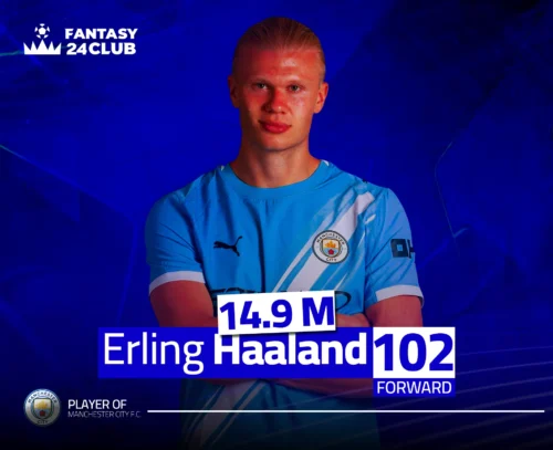صورة ترويجية للاعب مانشستر سيتي، إيرلينج هالاند، وهو المرشح الأول كابتن الجولة 12 في الفانتازي، ببيانات $14.9\ M$ و $102$ نقطة، ومركز مهاجم.