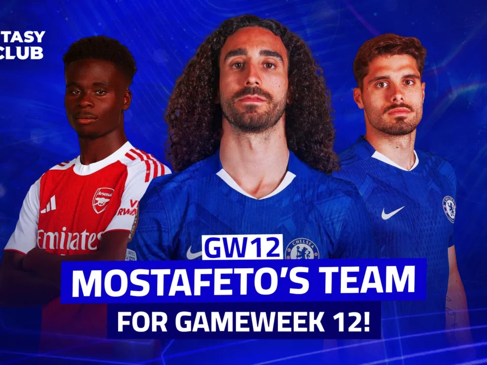 Promotional image featuring three players with Arabic text: "فريق مصطفيتو للجولة الثانية عشر"