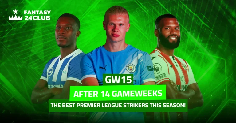 A visual titled **“After 14 Gameweeks: The Premier League’s Best Strikers This Season”** featuring **Erling Haaland (Manchester City)** at the center, surrounded by several other top forwards.