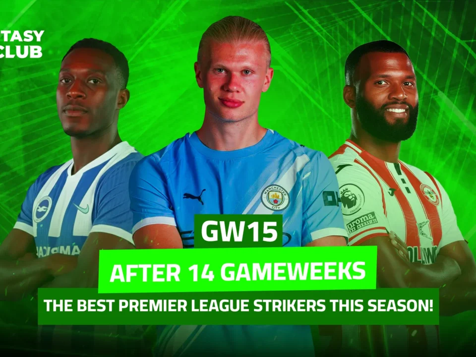 A visual titled **“After 14 Gameweeks: The Premier League’s Best Strikers This Season”** featuring **Erling Haaland (Manchester City)** at the center, surrounded by several other top forwards.