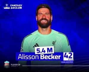 حارس ليفربول أليسون بيكر يبتسم بقميصه الأخضر، مع بياناته في لعبة الفانتازي: السعر 5.4 مليون والنقاط 42 نقطة.