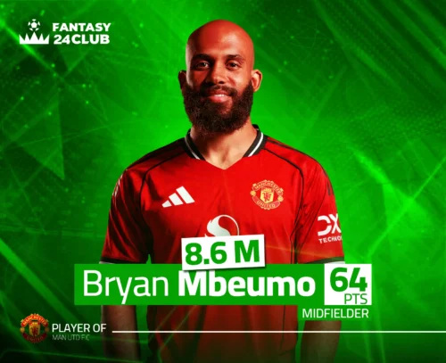 صورة لاعب وسط يرتدي قميص مانشستر يونايتد (برايان مبيومو) مبتسماً، مع بيانات فانتاسي: 8.6 مليون، 64 نقطة.