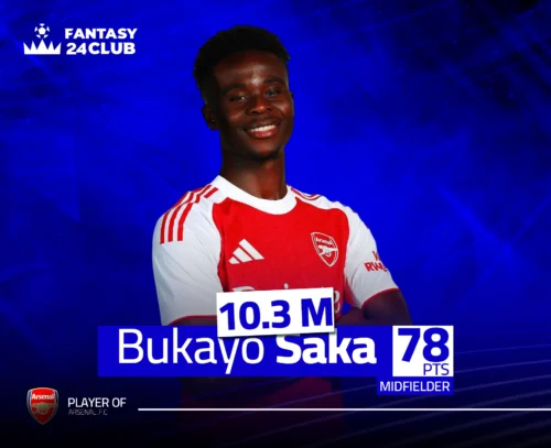 لاعب أرسنال ساكا في فانتازي، بمركز خط وسط، سعر $10.3M$ وإجمالي $78$ نقطة.