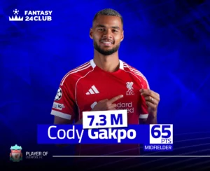 لاعب ليفربول كودي جاكبو في فانتازي الدوري الإنجليزي بسعر 7.3 مليون وإجمالي نقاط 65 نقطة بمركز خط الوسط للموسم الحالي.