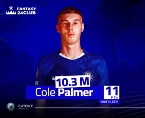 يظهر لاعب وسط تشيلسي كول بالمر بقميص أزرق، مع سعره 10.3 مليون ونقاطه 11 في لعبة فانتسي