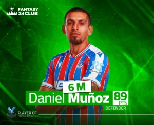 صورة للاعب كرة قدم، دانييل مونيوز، يرتدي قميص كريستال بالاس، تقدر قيمته بـ $6$ مليون، وحقق $89$ نقطة، ومركزه مدافع في لعبة فانتازي.