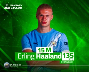 بطاقة النجم "هالاند" لاعب مانشستر سيتي في الفانتازي، تبرز سعره 15 مليوناً برصيد نقاط كبير يصل لـ 135.