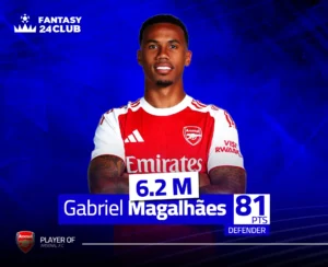 بطاقة مدافع أرسنال جبريل ماجاليس في فانتازي الدوري الإنجليزي بسعر 6.2 مليون وإجمالي نقاط 81 نقطة، من نجوم الفانتازي المتاحين.