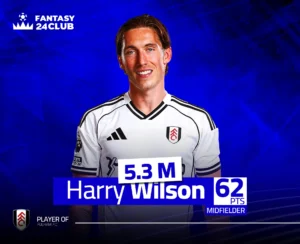 صورة للاعب خط وسط فولهام هاري ويلسون بقميص الفريق الأبيض. قيمته 5.3 مليون ولديه 62 نقطة في لعبة فانتازي
