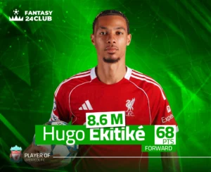 بطاقة فانتازي للاعب ليفربول "هوغو إيكيتيكي"، تظهر سعره 8.6 مليون ونقاطه 68، مع خلفية خضراء وشعار النادي.