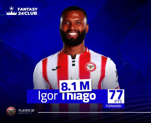 تظهر اللاعب إيغور تياجو (مهاجم) من برينتفورد، وقيمته 8.1 مليون، وقد جمع 77 نقطة (PTS) في لعبة فانتازي
