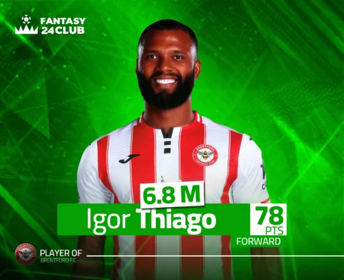 صورة لاعب برينتفورد إيغور تياغو (مهاجم) مبتسماً بقميص فريقه، مع بيانات فانتاسي: 6.8 مليون، 78 نقطة.