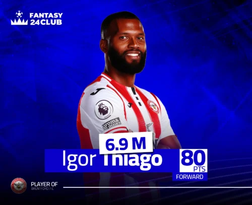 صورة لمهاجم برينتفورد، إيغور تياغو، بقميص النادي. قيمة اللاعب هي 6.9 مليون ولديه 80 نقطة في لعبة فانتازي