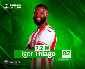 بطاقة لاعب برينتفورد "إيغور تياغو" في الفانتازي، توضح سعره 7.2 مليون وإجمالي نقاطه 82 بمركز الهجوم.