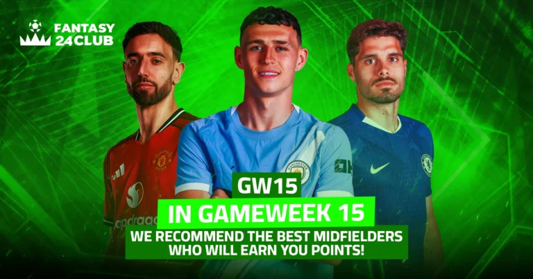 The image shows three football players — Bruno Fernandes, Phil Foden, and Mateo Kovačić — with an Arabic text overlay highlighting Gameweek 15 of Fantasy Premier League and recommending the top midfielders expected to score points.