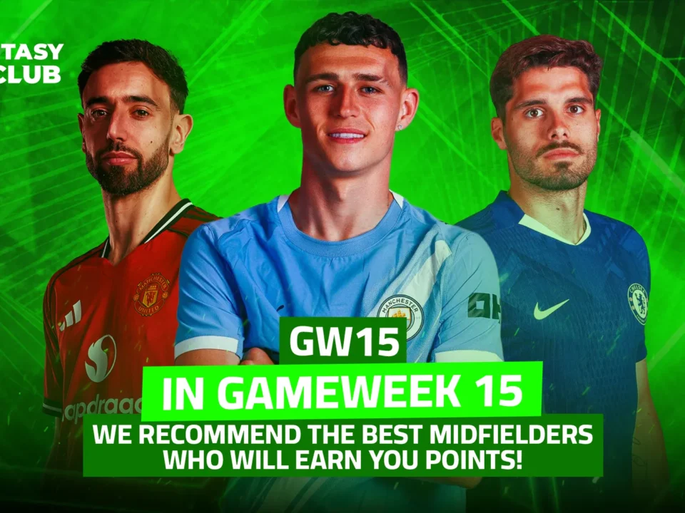 The image shows three football players — Bruno Fernandes, Phil Foden, and Mateo Kovačić — with an Arabic text overlay highlighting Gameweek 15 of Fantasy Premier League and recommending the top midfielders expected to score points.
