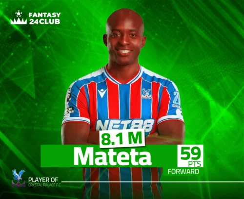 صورة لاعب كريستال بالاس جان-فيليب ماتيتا (مهاجم) بقميص فريقه، مع بيانات فانتاسي: 8.1 مليون، 59 نقطة.