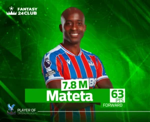 بطاقة فانتازي للمهاجم "ماتيتا" لاعب كريستال بالاس، تعرض سعره 7.8 مليون ونقاطه البالغة 63 نقطة.